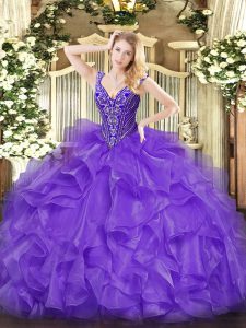 V-neck Sleeveless Organza 15th Birthday Dress Beading and Ruffles Lace Up