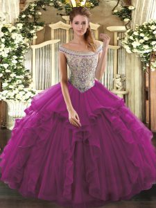 Ball Gowns Vestidos de Quinceanera Fuchsia Off The Shoulder Organza Sleeveless Floor Length Lace Up