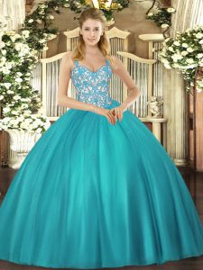 Hot Sale Teal Straps Neckline Beading and Ruffles Vestidos de Quinceanera Sleeveless Lace Up