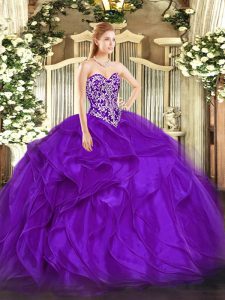 Fantastic Beading and Ruffles Quinceanera Gown Purple Lace Up Sleeveless Floor Length