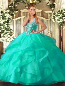 Floor Length Lace Up Quinceanera Dresses Turquoise for Military Ball and Sweet 16 and Quinceanera with Beading and Ruffles