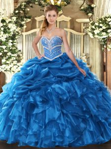 Comfortable Blue Sleeveless Beading and Ruffles and Pick Ups Floor Length 15 Quinceanera Dress