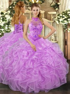 Elegant Organza Halter Top Sleeveless Lace Up Beading and Ruffles Sweet 16 Quinceanera Dress in Lavender