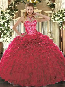 Dynamic Red Lace Up Quinceanera Dress Beading and Ruffles Sleeveless Floor Length