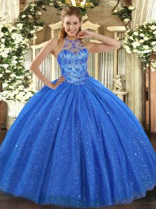 Stunning Blue Sleeveless Tulle Lace Up Sweet 16 Dresses for Military Ball and Sweet 16 and Quinceanera