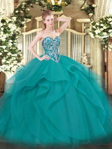 Suitable Floor Length Lace Up Quinceanera Gowns Teal for Military Ball and Sweet 16 and Quinceanera with Beading and Ruffles