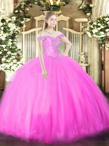 Glamorous Fuchsia Ball Gowns Beading Quinceanera Gowns Lace Up Tulle Sleeveless Floor Length