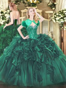 Dark Green Ball Gowns Beading and Ruffles 15 Quinceanera Dress Lace Up Organza Sleeveless Floor Length