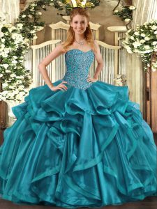 Latest Floor Length Ball Gowns Sleeveless Teal Quinceanera Dresses Lace Up