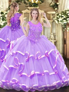 Lavender Organza Zipper Sweet 16 Dress Sleeveless Floor Length Beading and Ruffled Layers
