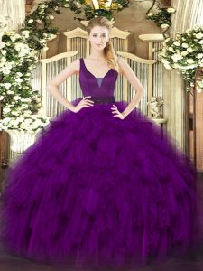 Glittering Purple Ball Gowns Organza Straps Sleeveless Beading and Ruffles Floor Length Zipper Sweet 16 Dress