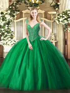 Sleeveless Floor Length Beading Lace Up Quinceanera Dresses with Green