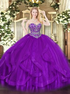 Custom Fit Eggplant Purple Lace Up Sweetheart Ruffles 15 Quinceanera Dress Tulle Sleeveless