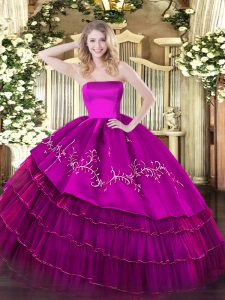 Cheap Floor Length Fuchsia Quince Ball Gowns Organza and Taffeta Sleeveless Embroidery and Ruffled Layers