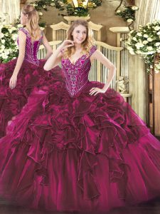 Suitable Fuchsia Lace Up Quinceanera Dresses Beading and Ruffles Sleeveless Floor Length