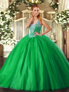 High Quality Green Tulle Lace Up Vestidos de Quinceanera Sleeveless Floor Length Beading