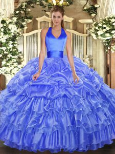Exquisite Blue Sweet 16 Quinceanera Dress Military Ball and Sweet 16 and Quinceanera with Ruffled Layers and Pick Ups Halter Top Sleeveless Lace Up