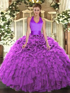 Floor Length Lace Up Sweet 16 Quinceanera Dress Fuchsia for Military Ball and Sweet 16 and Quinceanera with Ruffles