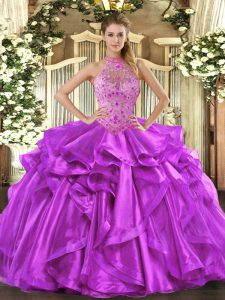 Stunning Sleeveless Organza Floor Length Lace Up Quinceanera Gown in Purple with Beading and Embroidery and Ruffles