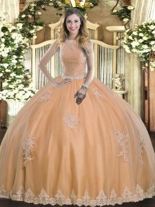 Peach Ball Gowns High-neck Sleeveless Tulle Floor Length Lace Up Beading and Appliques Quinceanera Dress