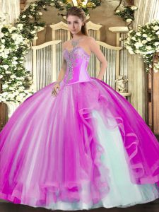 Charming Fuchsia Sleeveless Floor Length Beading and Ruffles Lace Up Vestidos de Quinceanera