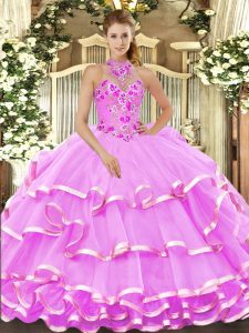 Best Selling Floor Length Lace Up 15 Quinceanera Dress Lilac for Military Ball and Sweet 16 and Quinceanera with Beading and Embroidery