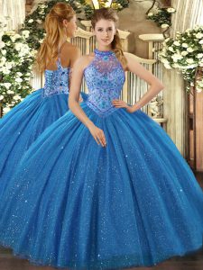 Halter Top Sleeveless Lace Up 15th Birthday Dress Blue Tulle