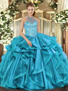 Classical Teal Sleeveless Floor Length Beading Lace Up 15th Birthday Dress