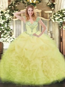 Yellow Organza Lace Up V-neck Sleeveless Floor Length Quinceanera Gown Beading and Ruffles and Pick Ups