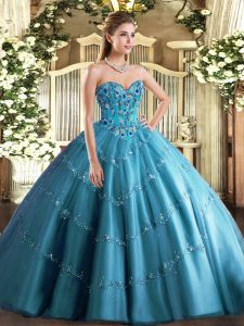 Ball Gowns 15 Quinceanera Dress Teal Sweetheart Tulle Sleeveless Floor Length Lace Up