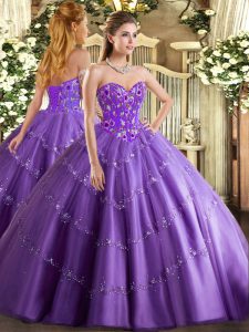 Best Sweetheart Sleeveless Quinceanera Dresses Floor Length Appliques and Embroidery Lavender Tulle