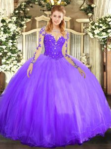 Ideal Floor Length Ball Gowns Long Sleeves Lavender Sweet 16 Dress Lace Up