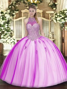 Fuchsia Lace Up Quinceanera Dresses Beading and Appliques Sleeveless Floor Length