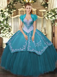 Smart Satin and Tulle Sweetheart Sleeveless Lace Up Beading and Embroidery 15th Birthday Dress in Teal