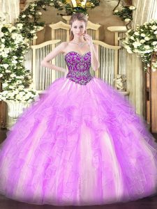 Lilac Sweetheart Neckline Beading and Ruffles Vestidos de Quinceanera Sleeveless Lace Up