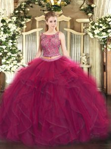 Best Selling Fuchsia Tulle Lace Up 15 Quinceanera Dress Sleeveless Floor Length Beading and Ruffles