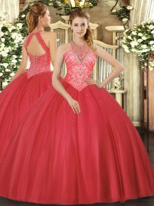 Ball Gowns Quinceanera Dress Red High-neck Tulle Sleeveless Floor Length Lace Up