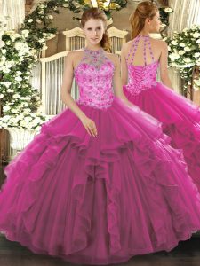 Custom Fit Fuchsia Lace Up Quince Ball Gowns Beading Sleeveless Floor Length