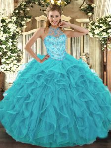 Custom Made Floor Length Aqua Blue Quinceanera Gowns Organza Sleeveless Beading and Embroidery and Ruffles