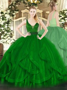 Nice Dark Green Straps Zipper Beading and Ruffles Sweet 16 Dress Sleeveless