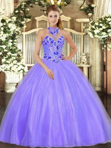 Lavender Lace Up 15th Birthday Dress Embroidery Sleeveless Floor Length