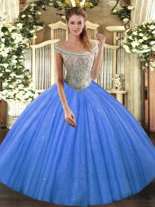 Attractive Sleeveless Floor Length Beading Lace Up Ball Gown Prom Dress with Baby Blue