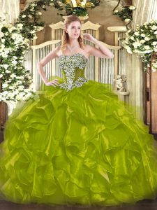 Sleeveless Floor Length Beading and Ruffles Lace Up Quinceanera Gown with Olive Green