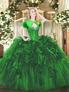 Green Sweetheart Lace Up Beading and Ruffles Quinceanera Gown Sleeveless