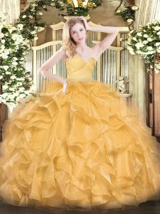 Super Gold Ball Gowns Sweetheart Sleeveless Organza Floor Length Zipper Beading and Lace and Ruffles Quinceanera Dress