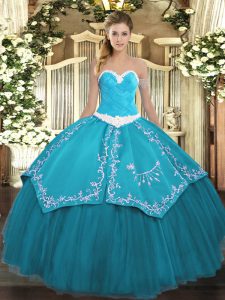 Floor Length Lace Up Sweet 16 Dress Teal for Military Ball and Sweet 16 and Quinceanera with Appliques and Embroidery