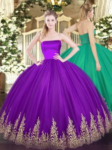Purple Zipper 15th Birthday Dress Appliques Sleeveless Floor Length
