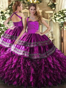 Fuchsia Vestidos de Quinceanera Military Ball and Sweet 16 and Quinceanera with Embroidery and Ruffles Halter Top Sleeveless Lace Up