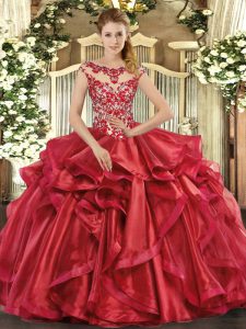 Floor Length Red Sweet 16 Dresses Organza Cap Sleeves Appliques and Ruffles