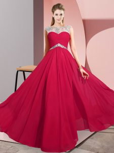 Sleeveless Chiffon Floor Length Clasp Handle Prom Dress in Red with Beading